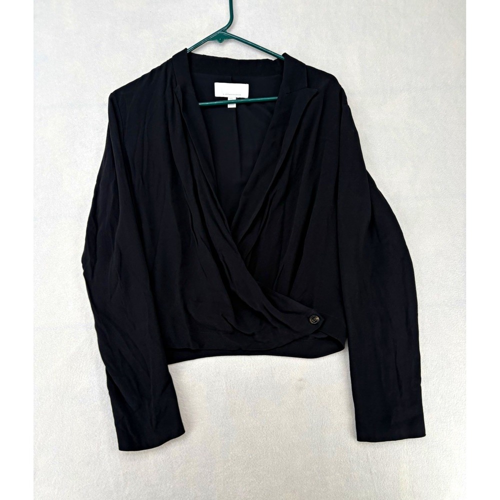 By Anthropologie Woven Blouse Black Solid Wrap V-Neck Button Long Sleeve Women 6
